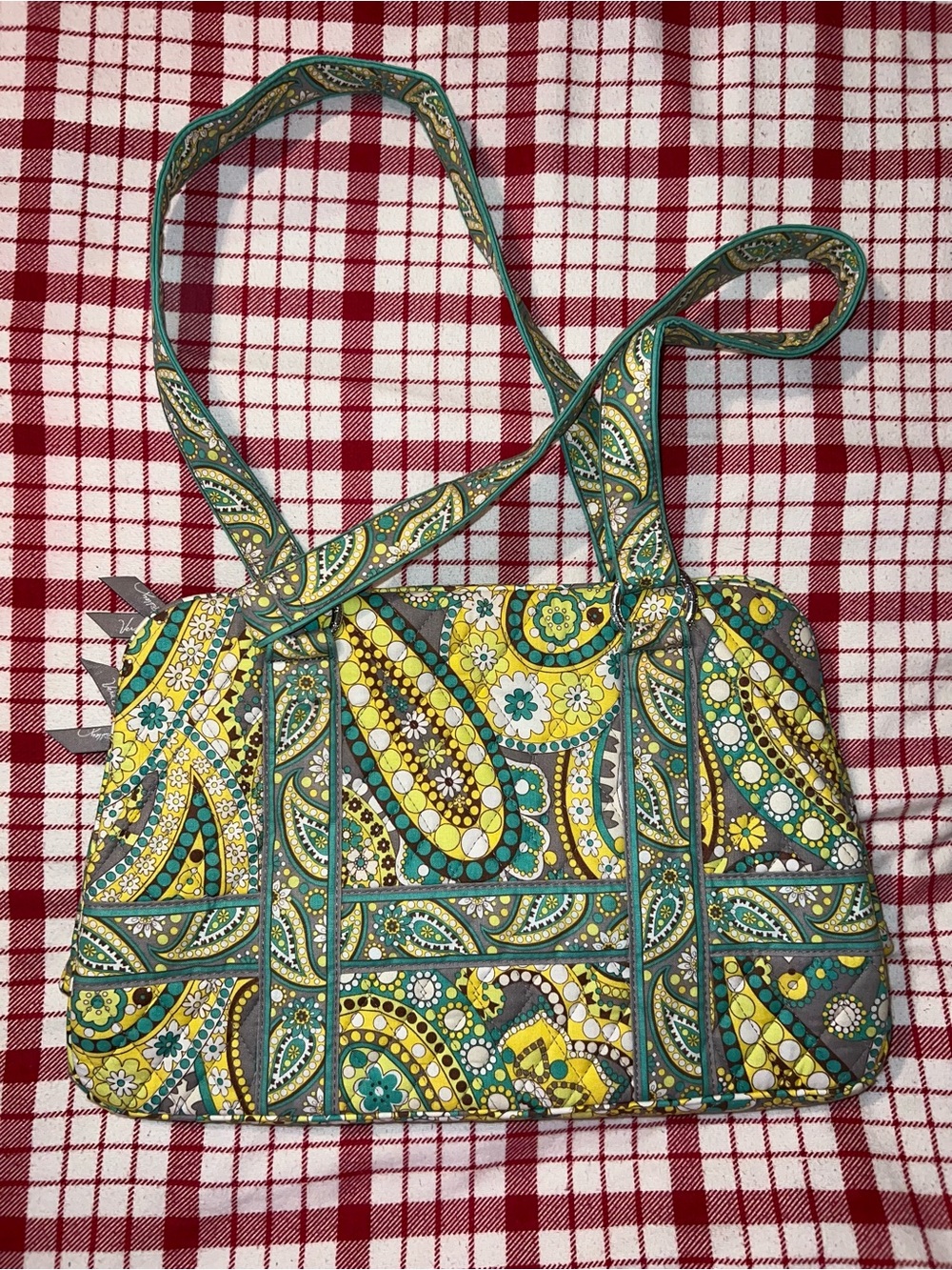 Vera Bradley Yellow Green Paisley Quilted Shoulder Tote